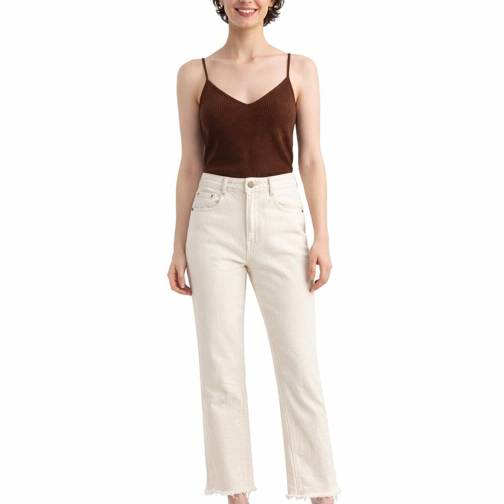 ZARA Size 2 Off-White High-Rise Frayed Hem Straight-Leg Jeans